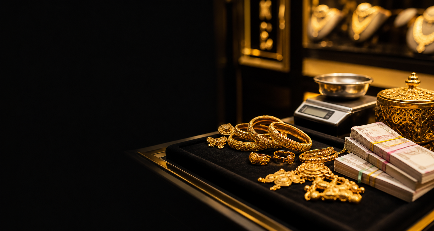 Premium gold buying desk with gold ornaments and cash
