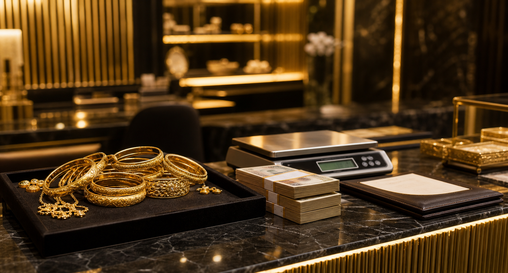 Premium gold buying counter with cash and gold